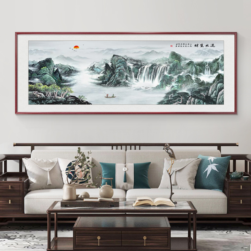 流水生财新中式客厅装饰画山水画沙发背景墙挂画手绘国画风景壁画