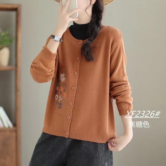 Purghel embroidered cotton wire knitted jacket 2023 autumn and winter literary round neck versatile solid color knitted cardigan outer sweater

