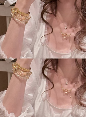 龙心法式黄水晶四叶草叠戴项链女