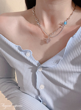千禧辣妹蓝粉色锆石拼接项链耳环