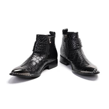ເກີບຫນັງສັ້ນຜູ້ຊາຍຂອງແທ້ຊີ້ toe iron toe cowhide Martin boots black fashion ankle boots zipper ເກີບງານລ້ຽງທຸລະກິດສັງຄົມ