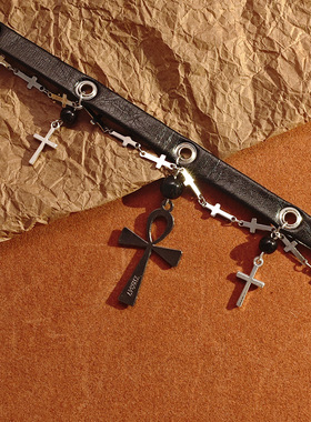 朋克风格黑色十字架皮革锁骨链女