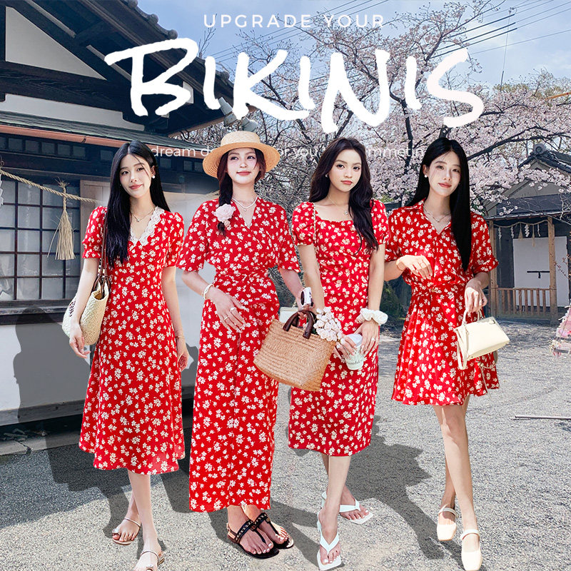 2024夏不一样的闺蜜装红色泡泡袖碎花连衣裙姐妹装V领度假长裙子