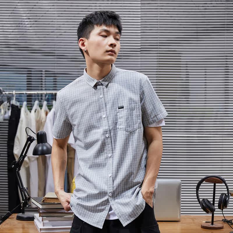 唐狮官方旗舰店夏格子短袖学生衬衫 唐狮福悠衬衫