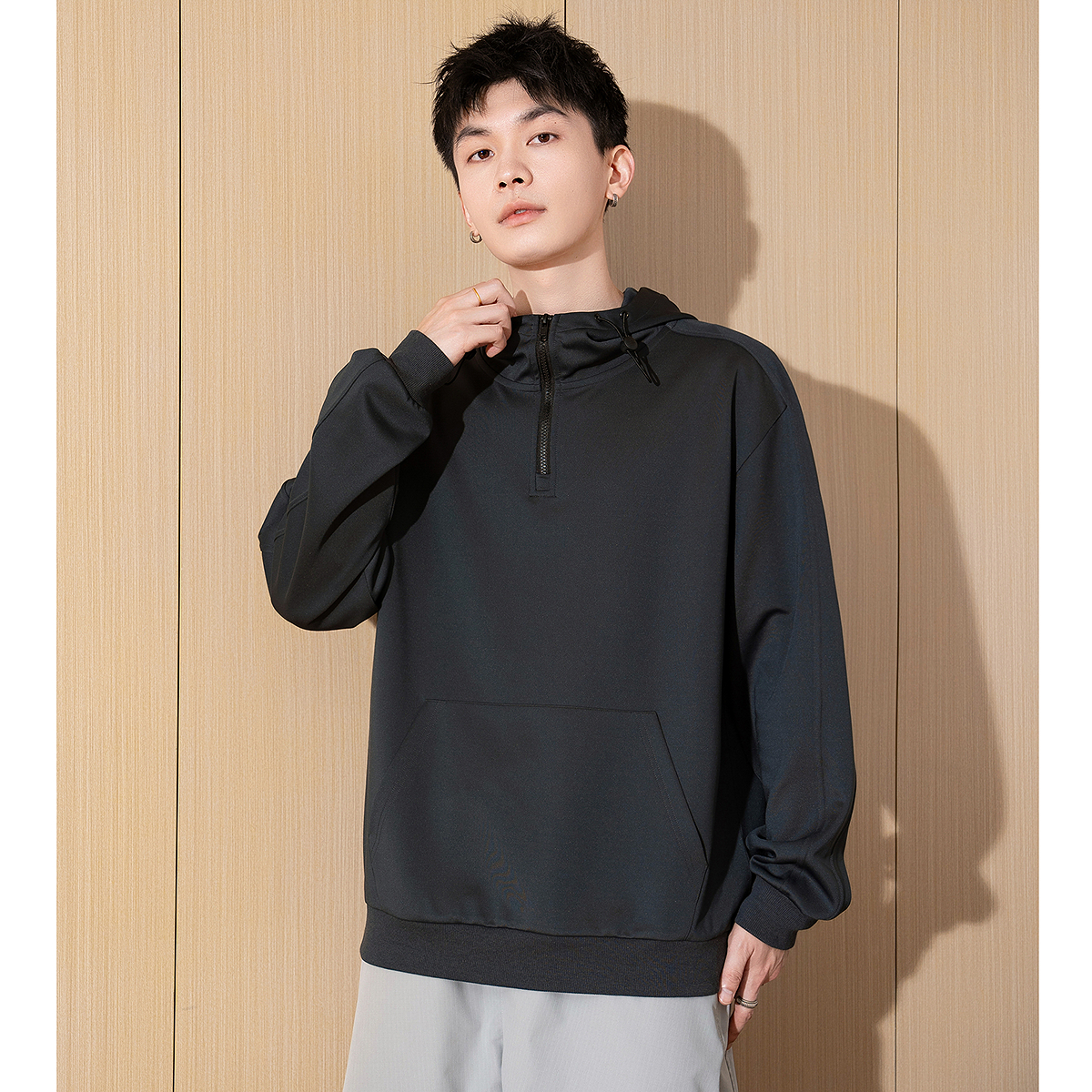 唐狮2025春季新款男士卫衣连帽抽绳拉链宽松套头外套港风休闲上衣 - 图0
