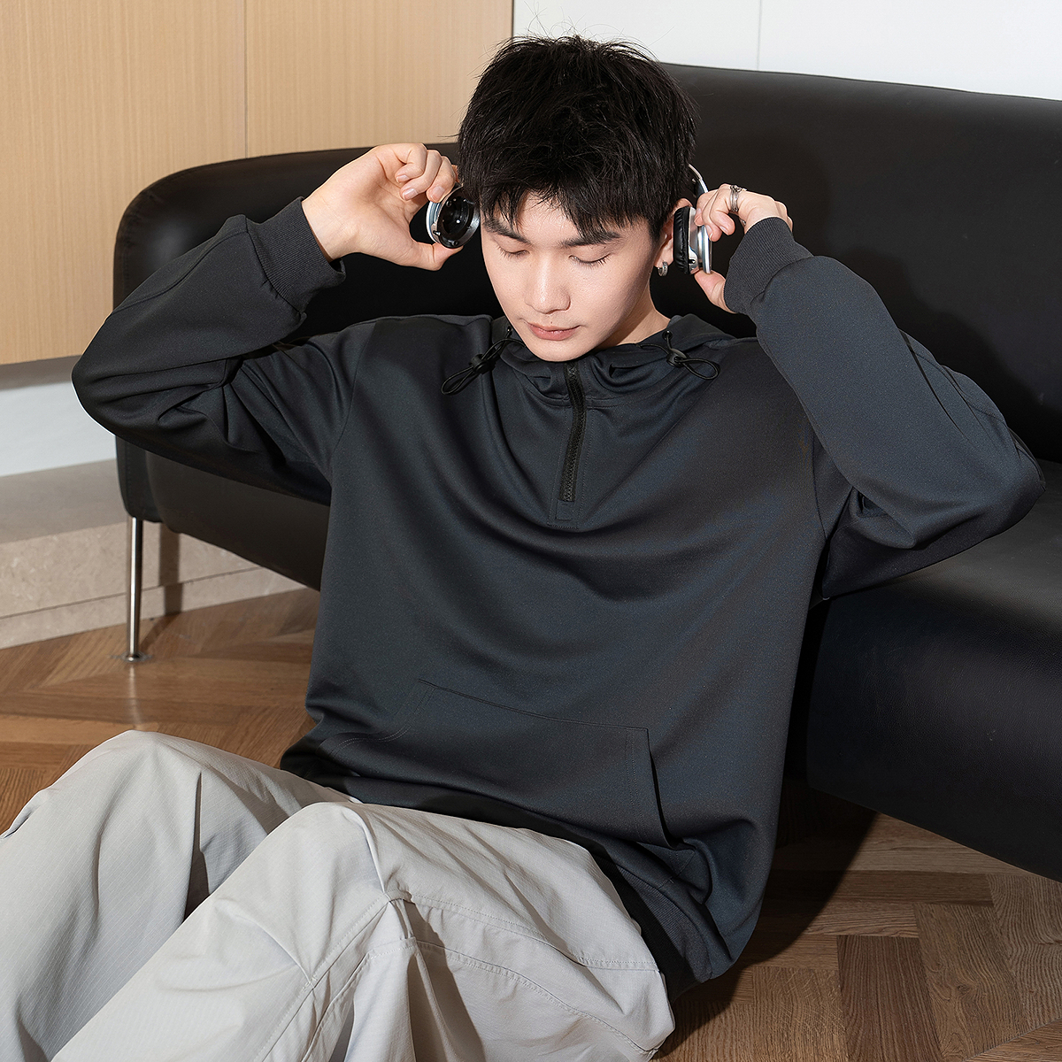 唐狮2025春季新款男士卫衣连帽抽绳拉链宽松套头外套港风休闲上衣 - 图1