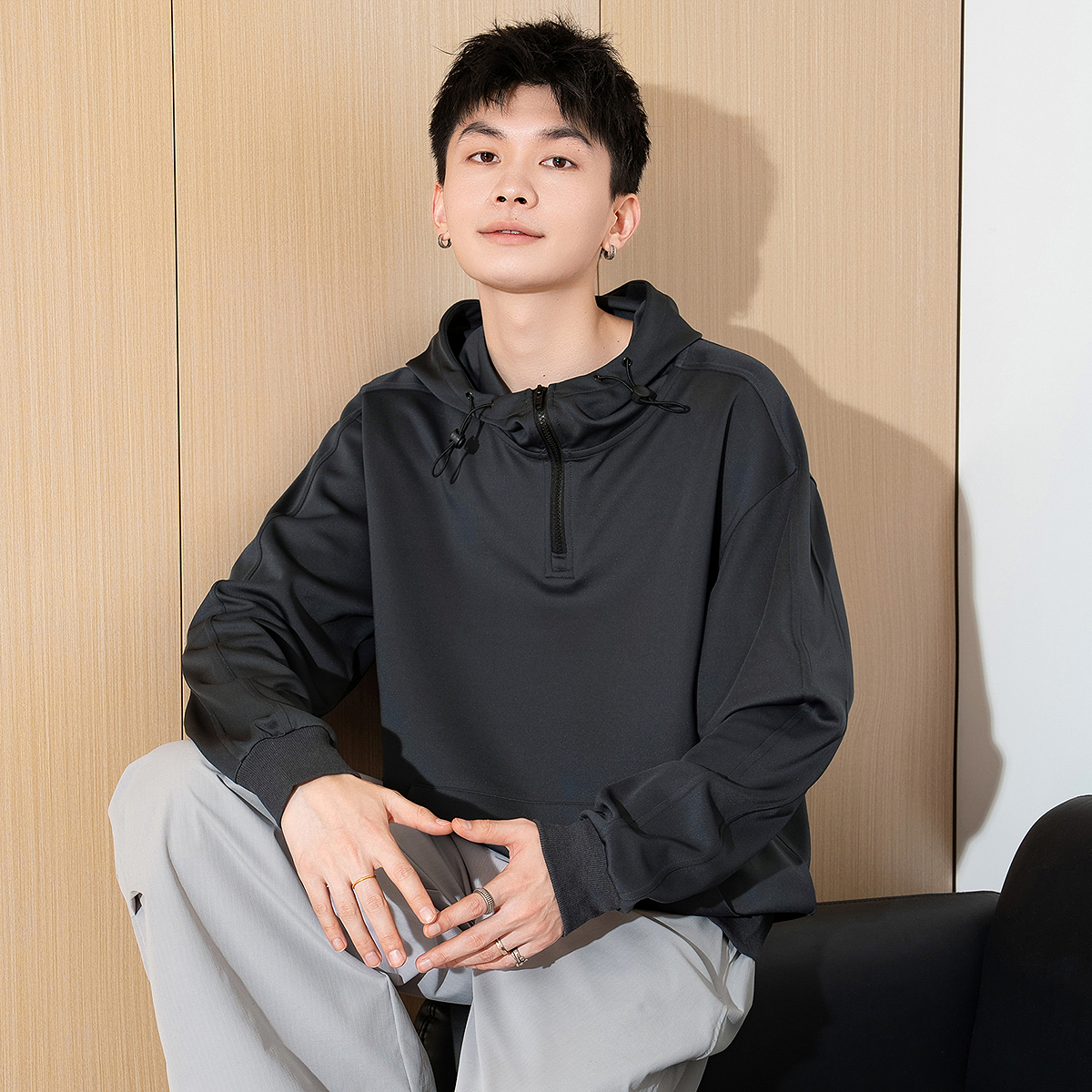 唐狮2025春季新款男士卫衣连帽抽绳拉链宽松套头外套港风休闲上衣 - 图2