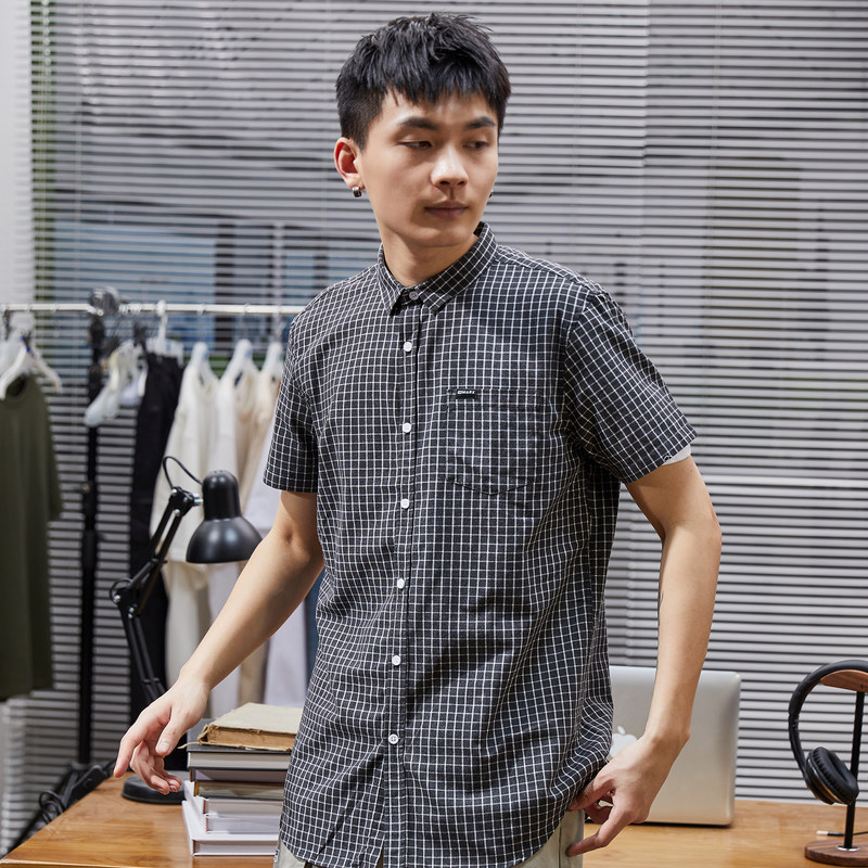 唐狮官方旗舰店夏格子短袖学生衬衫 唐狮福悠衬衫