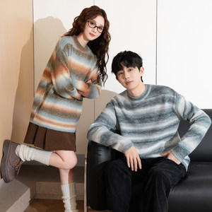 唐狮秋冬季新款情侣装毛衣渐变条纹撞色圆领复古潮流独特设计