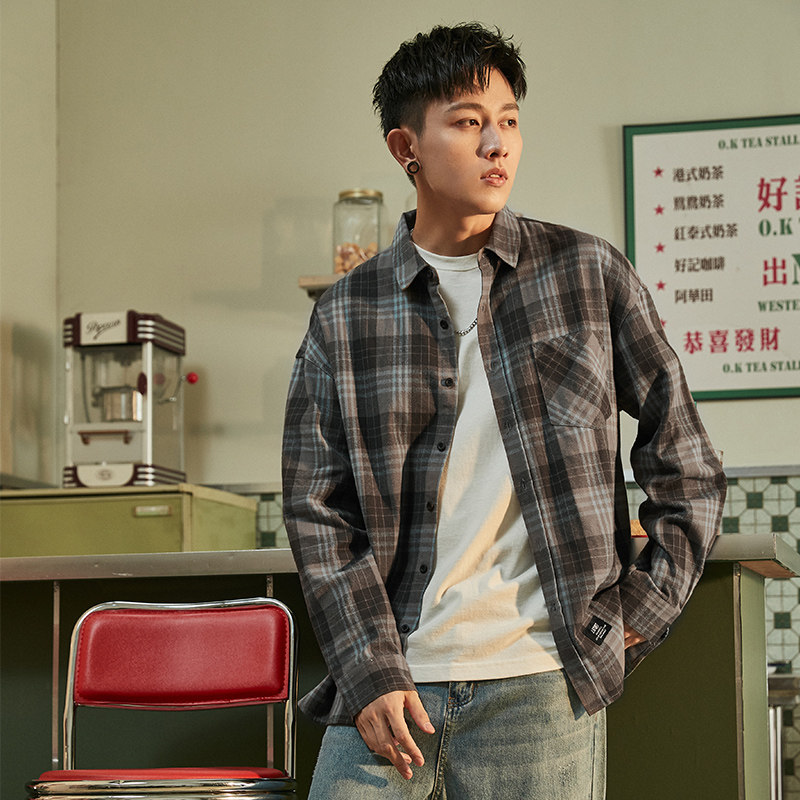 唐狮长袖格子男士2021秋新款衬衫 唐狮喜之乐衬衫