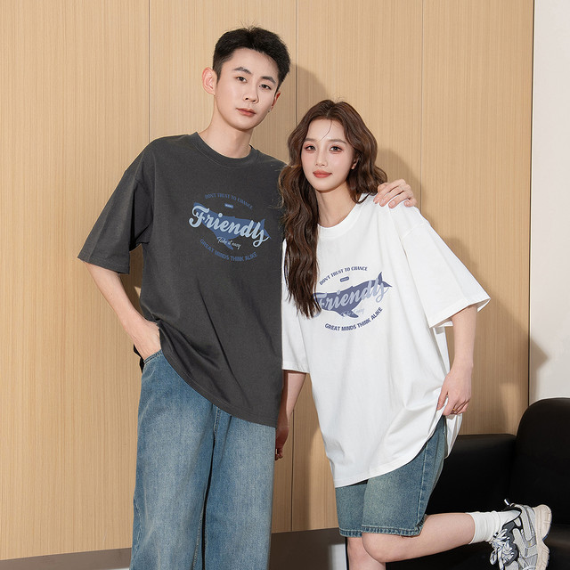 Tangshi 2025 Spring and Summer New Couple T-shirt Loose Casual Round Neck Short Sleeve Women's Letter Print Top White