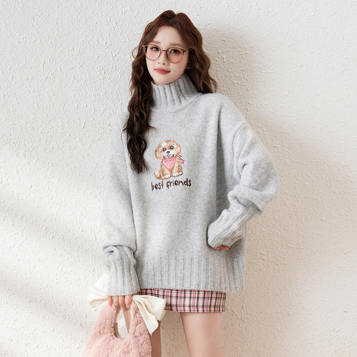 唐狮高领红色毛衣女新年战袍2024新款冬季软糯慵懒半高领宽松上衣