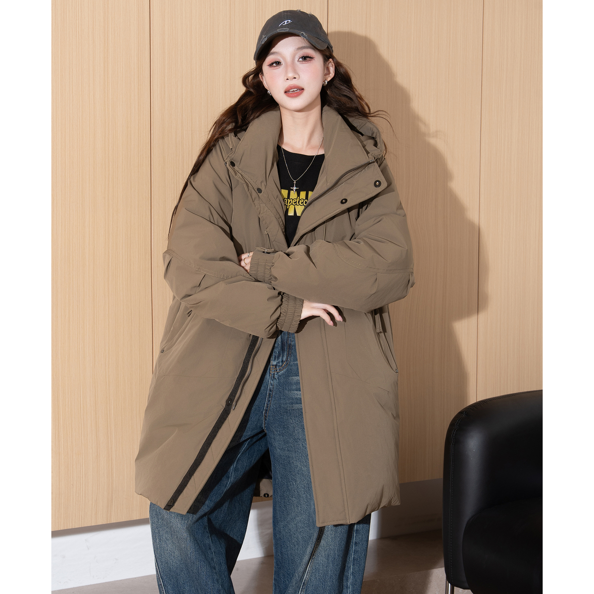 唐狮2025冬季女连帽中长款羽绒外套派克服高级感时尚宽松百搭 - 图1