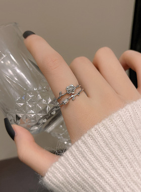 925纯银双层玫瑰花戒指女小众感轻奢食指戒韩版潮流ins风配饰