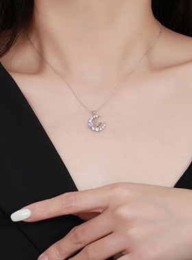 925纯银月光蝴蝶项链ins风甜美幻彩月光石镶钻月亮轻奢感饰品