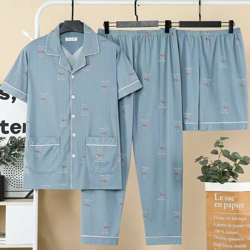 三件套睡衣男士夏季纯棉短袖短裤长裤外穿大码家居服春秋夏天薄款 - 图1