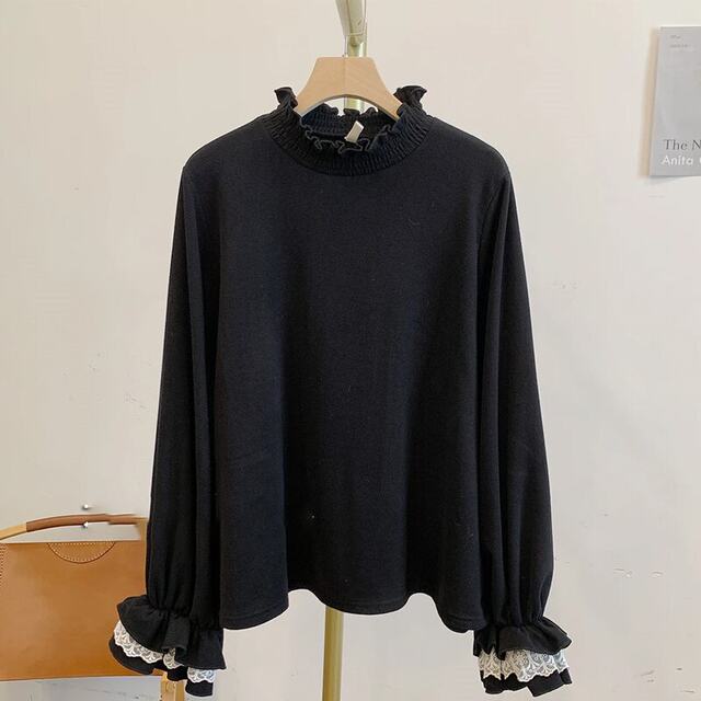 Flower bud sleeve C4961 German velvet brushed double-layer cuffs stand collar bottoming T-shirt