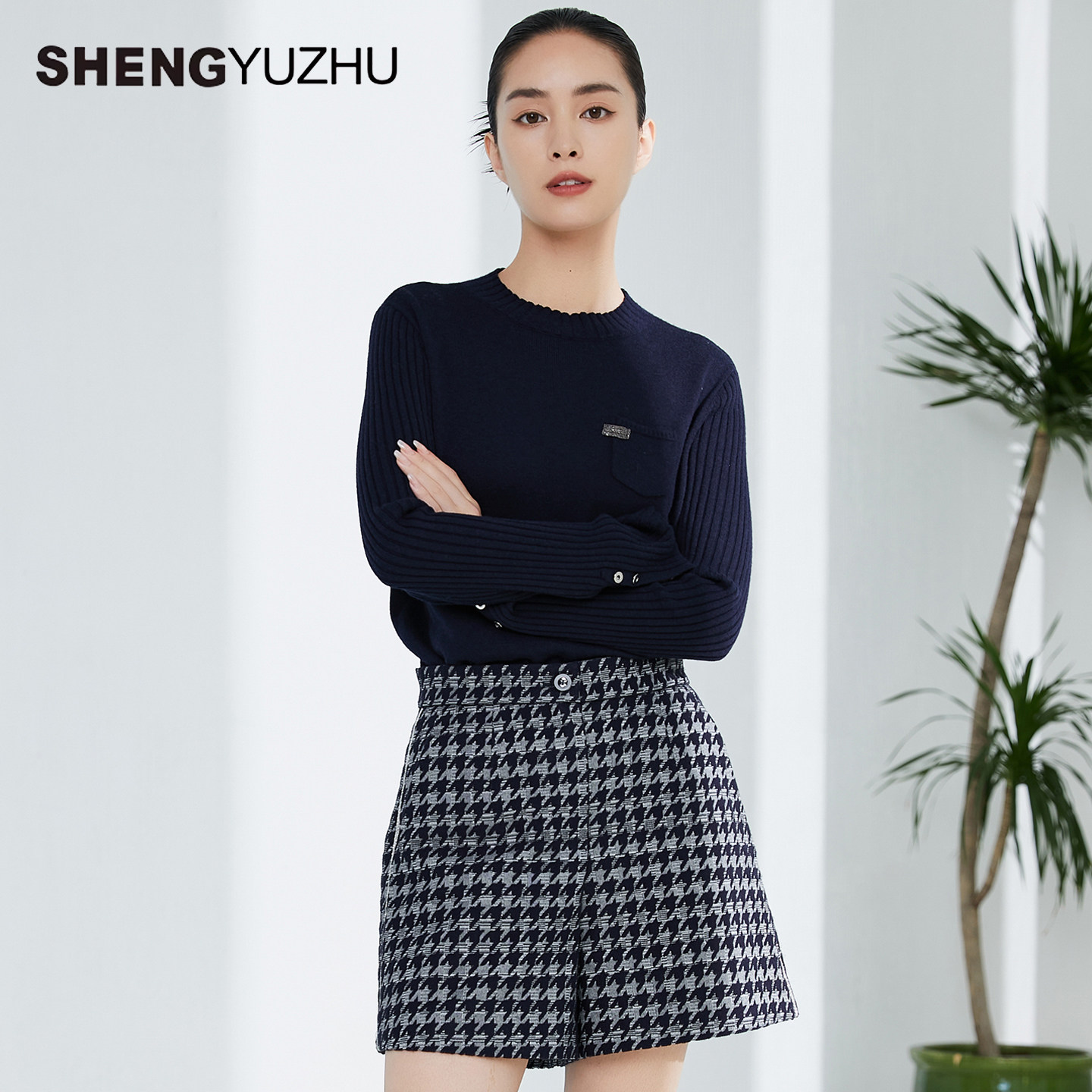 声雨竹休闲裤女蓝色格纹直筒短裤中高腰免烫通勤裤女淑女百搭短裤,淘宝优惠券,粉丝福利购,淘宝优惠卷