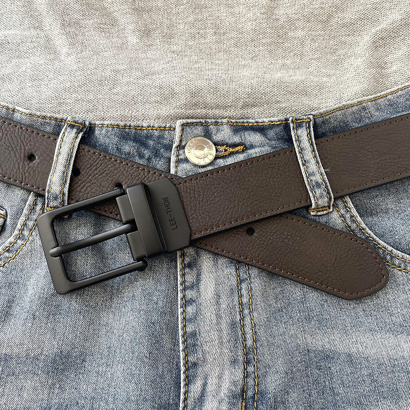 LEE-THOM男士针扣皮带年轻人休闲真皮百搭双面用牛仔裤休闲裤腰带