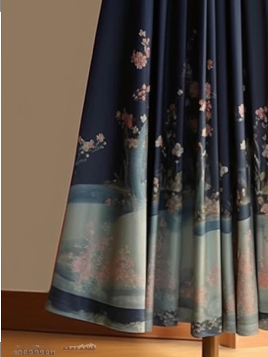 清仓捡漏~专柜外贸女装今年流行的藏蓝色国风印花系带高腰半身裙 - 图3