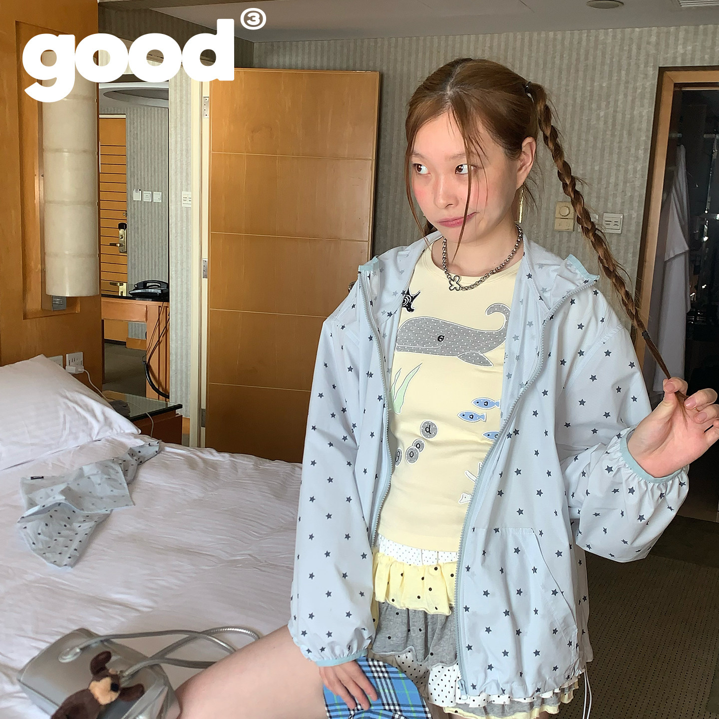 美好商店MeihaoStore"鲸灵甜心"鹅黄色海洋鲸鱼贴布波点短袖T恤,淘宝优惠券,粉丝福利购,淘宝优惠卷