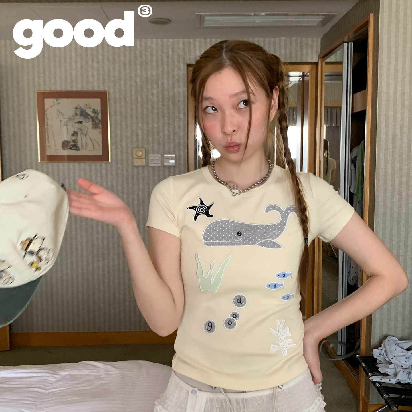 美好商店MeihaoStore"鲸灵甜心"鹅黄色海洋鲸鱼贴布波点短袖T恤,淘宝优惠券,粉丝福利购,淘宝优惠卷
