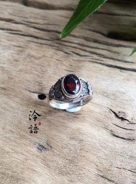 纯银烧蓝镶嵌橙红石榴石戒指