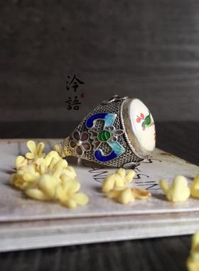 古韵风纯银烧蓝彩绘大戒指