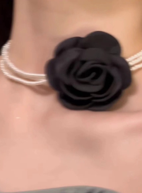 复古港风高级黑色立体玫瑰夸张花朵法式气质锁骨链