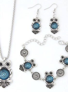 Vintage Owl Pendant Necklace Earrings Bracelet Set For women