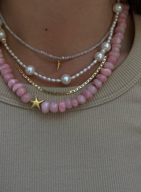 法式小众设计粉色不规则石头项链春夏度假风海星天然石串珠项链女