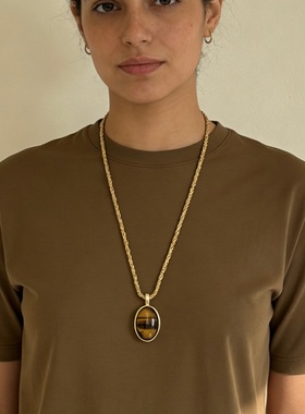 石头镶嵌吊坠项链高级感美拉德小众虎眼石镶嵌吊坠麻绳链毛衣链