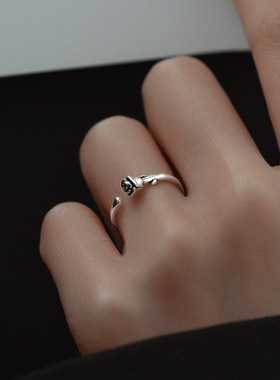 新款S925银做旧玫瑰花戒指女复古