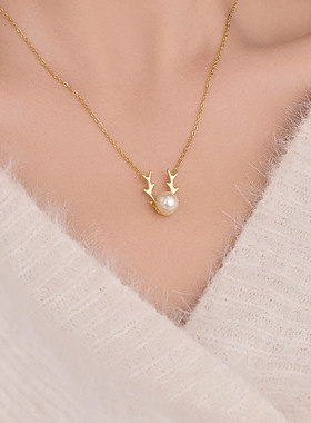 新款S925银鹿角珍珠吊坠项链女韩