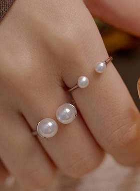 新款S925银法式时髦双珍珠开口戒
