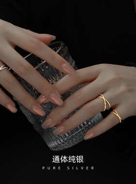 新款925银简约麻花双环戒指ins冷