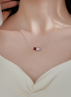 新款S925银碎碎冰红色朱砂项链女