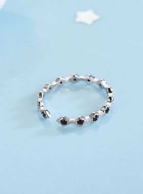 新款s925银日韩黑色锆石开口戒指