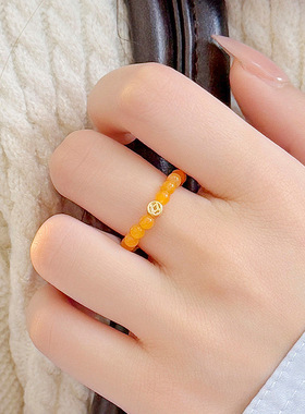 新款S925银镀金铜钱串珠黄玉戒指