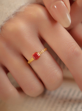 新款S925银红色方糖朱砂戒指女镂