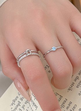 新款S925银复古蓝钻双层组合戒指