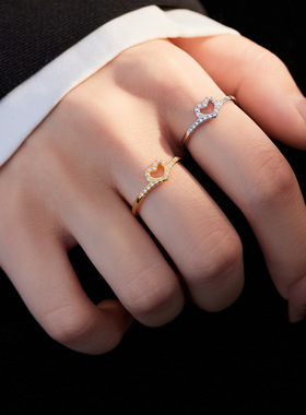 新款S925纯银轻奢爱心镂空锆石戒