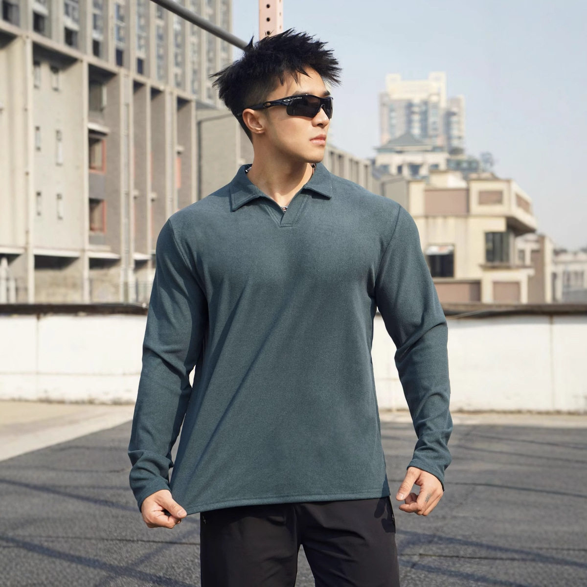 秋冬男士健身运动德绒加厚保暖弹力POLO衫纯色休闲打底长袖T恤 - 图2