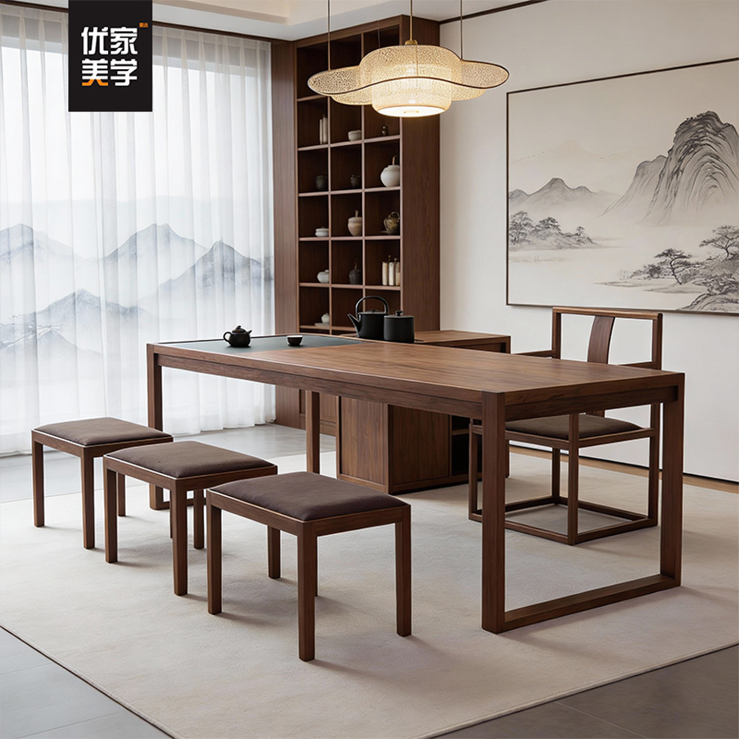 新中式黑胡桃木茶桌宋式美学实木茶台高端阳台茶桌家用茶室泡茶桌,淘宝优惠券,粉丝福利购,淘宝优惠卷