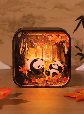 可爱熊猫文创摆件创意潮玩伴手礼家居装饰氛围小夜灯3D立体木雕灯