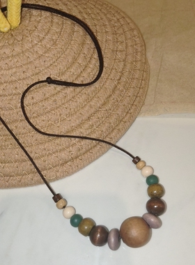 木质项链民族风木艺小众简约百搭手工编织撞色古风复古文艺吊坠