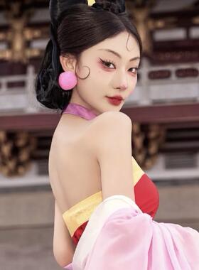 粉红色妲己毛毛耳环2024新款古装摄影配饰古风舞蹈演出毛球耳饰