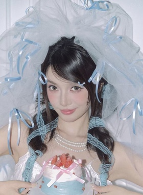 法式风白色蓬蓬头纱新娘结婚高级感配饰生日party装扮蝴蝶结纱