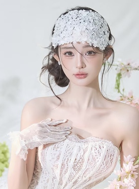 新款法式复古手工白色花瓣半花环额饰发带新娘婚纱礼服跟妆头饰品