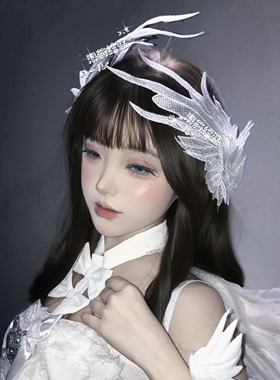 白色翅膀发夹暗黑风蕾丝头纱边夹女赛博朋克未来感发饰化妆舞会